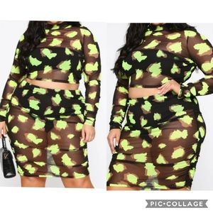 Plus size neon mesh skirt set